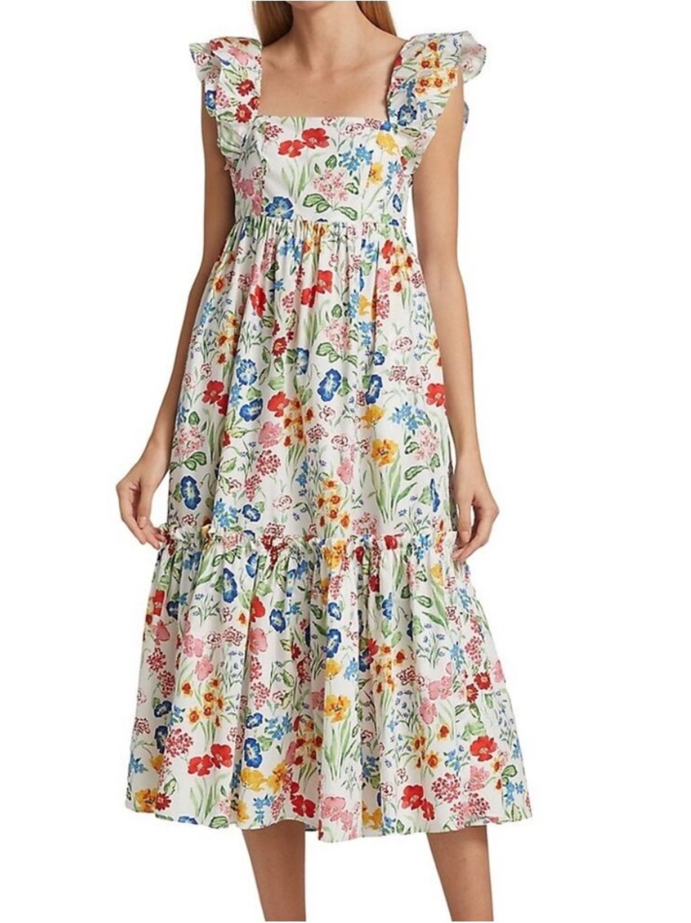 Cara Cara White Multi Floral Ruffle Midi Dress